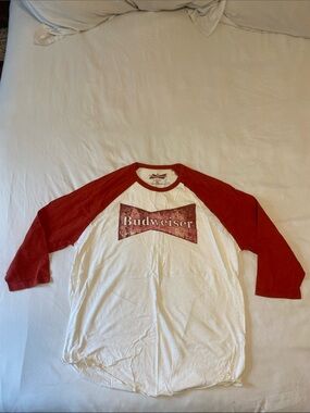 Budweiser White Tee with Red Raglan 3/4 length sleeves.